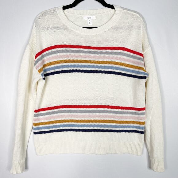 1901 Girls XLarge XL 14-16 Cream Striped Chest Statement Pullover Sweater Multi - Picture 1 of 9